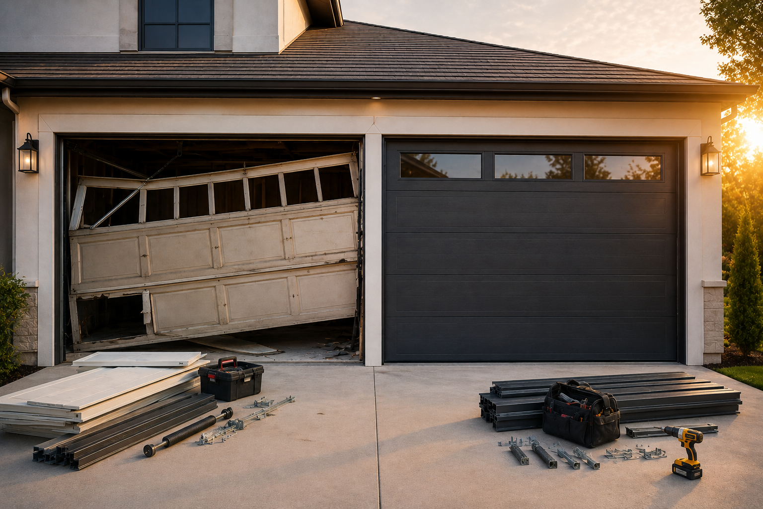 Damaged garage door replacement with a new modern garage door in Bellaire TX